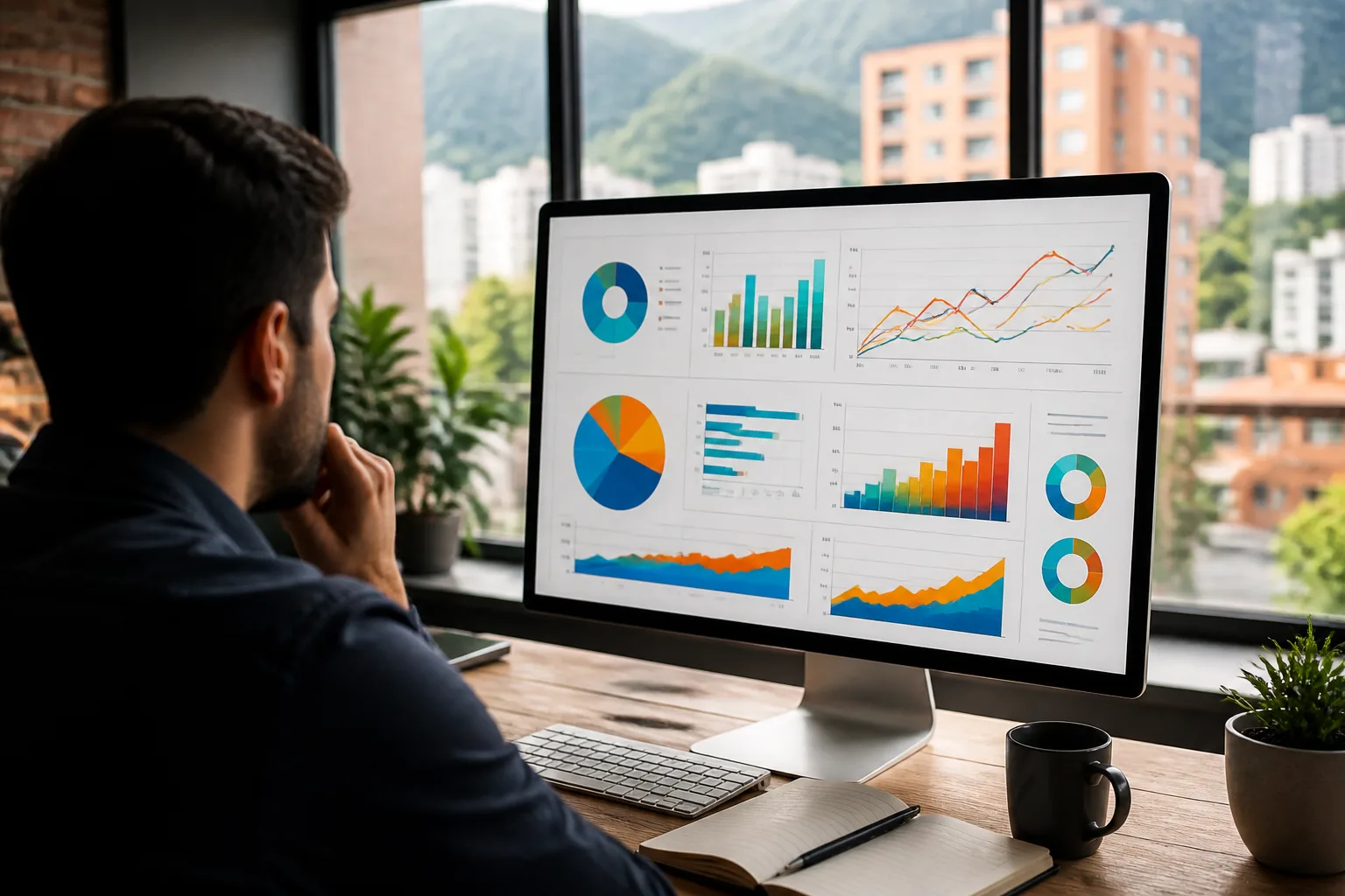 Panel de métricas de una campaña de marketing digital revisado en una oficina