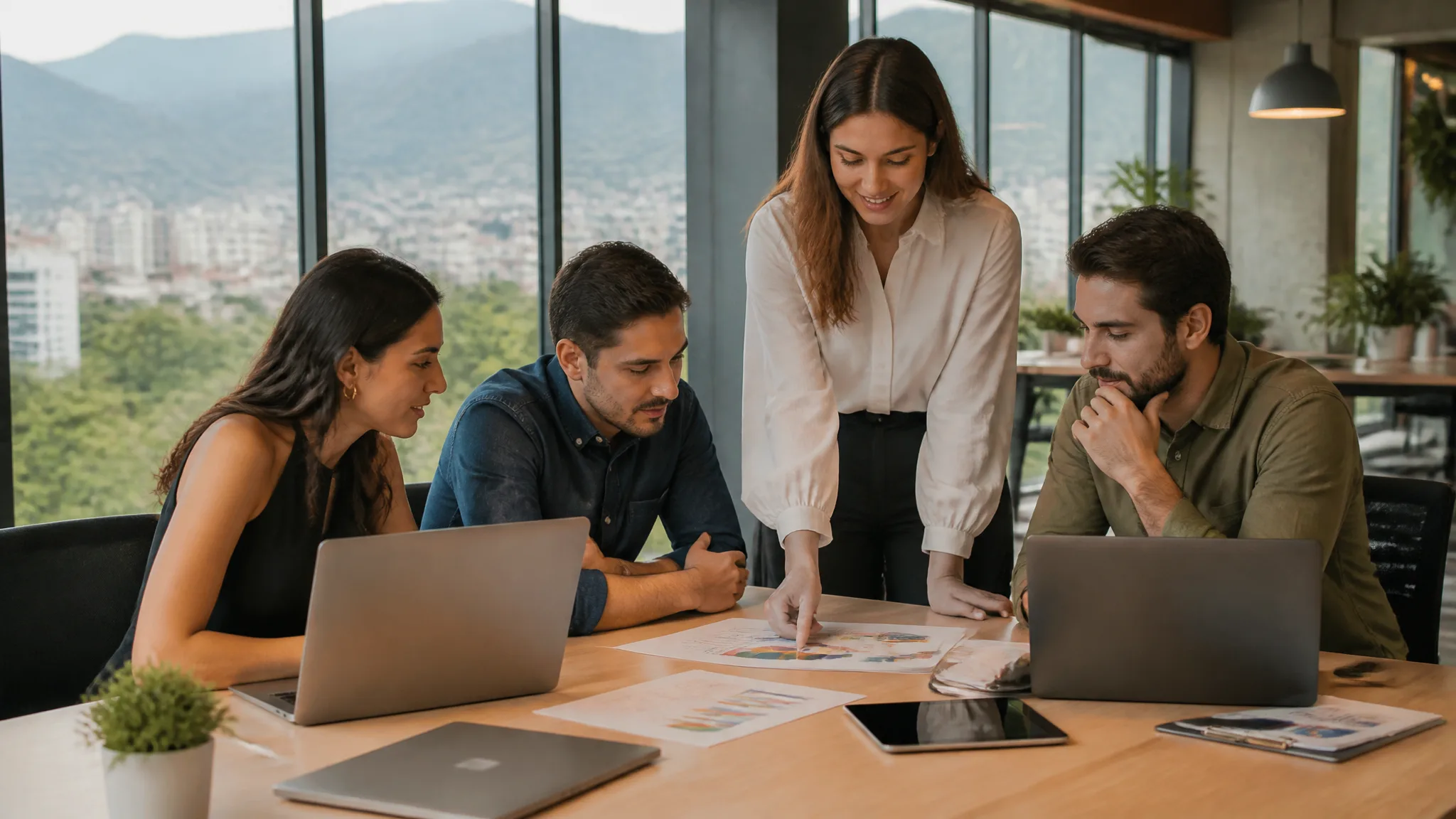 Equipo de una agencia de marketing digital trabajando en una oficina de Medellín