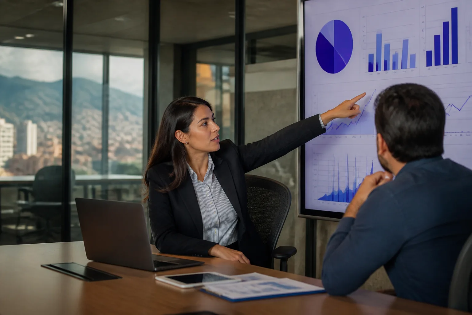 Consultora explicando la distribución de la inversión publicitaria a un cliente