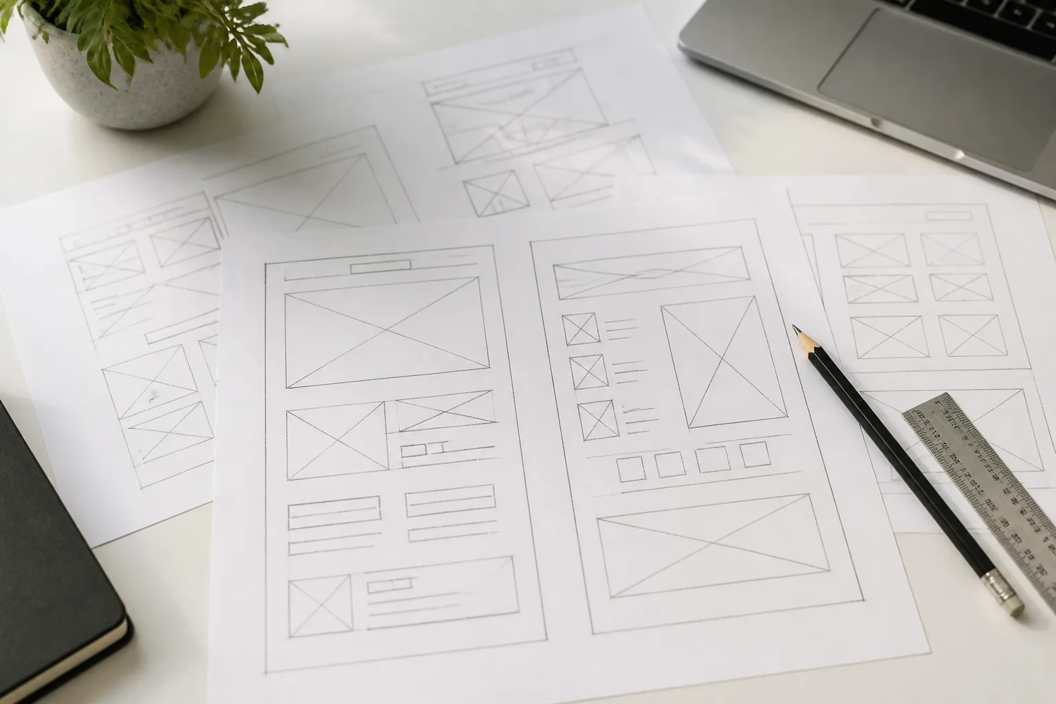 Bocetos de la estructura de un sitio web sobre papel antes del diseño