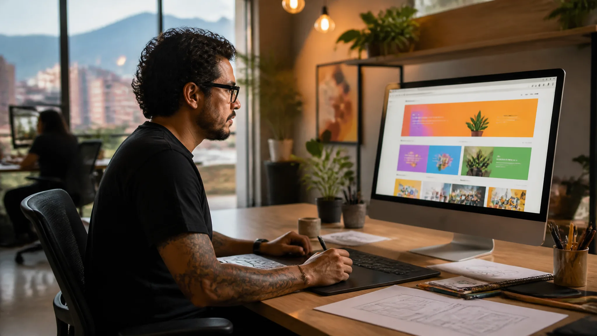 Diseñador trabajando en el diseño de una página web en un estudio de Medellín