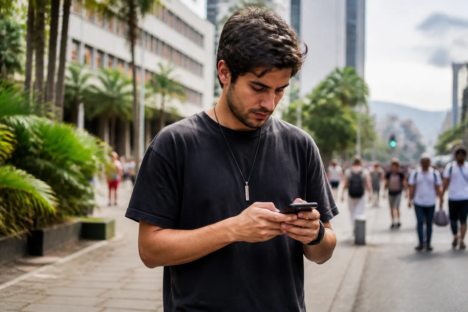 Persona buscando un servicio local desde el celular en una calle de Medellín